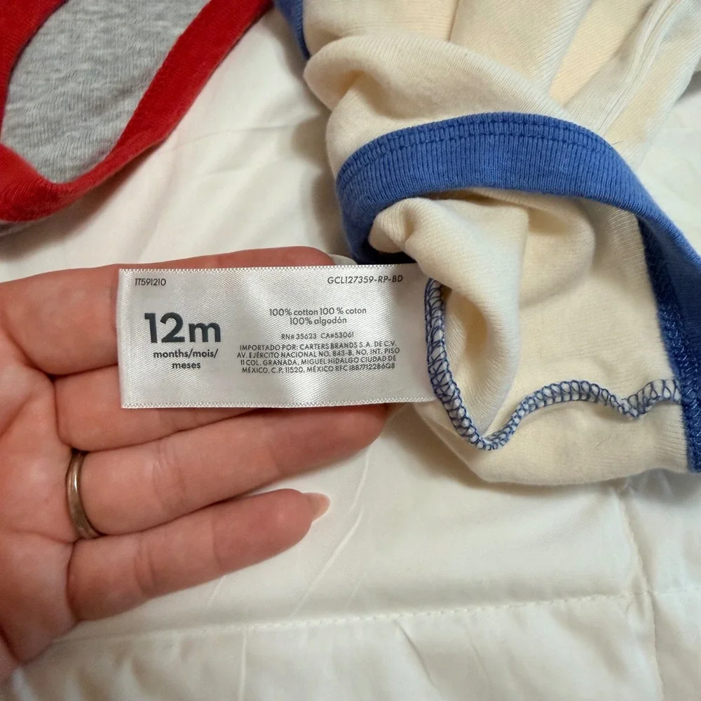Carters Baby Boys 12M Raglan Baseball Long Sleeve Bodysuit 3 Pack Red Blue Green